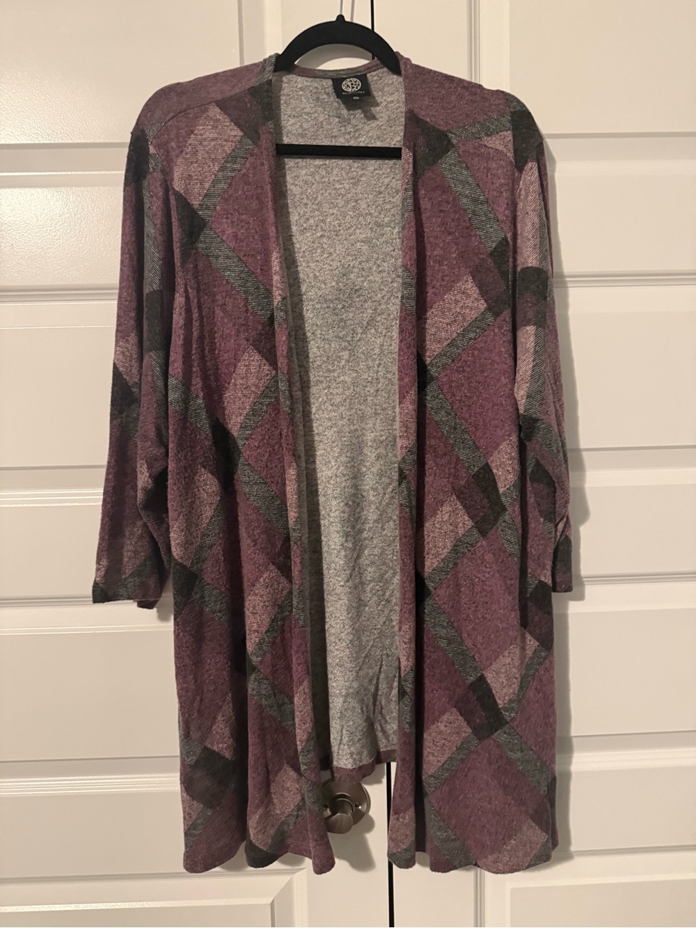 Open-Front Plaid Knit Cardigan in Purple and Gray
